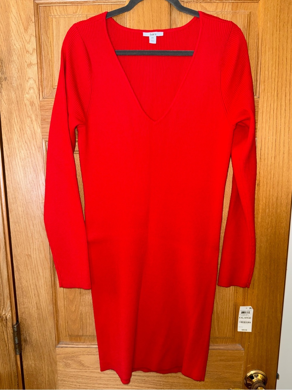 Knit Red V-Neck Ribbed Long Sleeve Dress